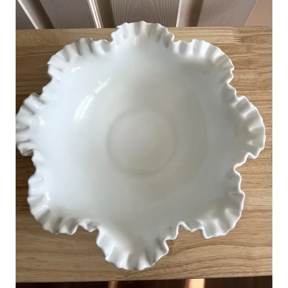FENTON Vintage Milk Glass Round Hob Nail Double Crimped Ruffle Edge Lg Bowl 11
